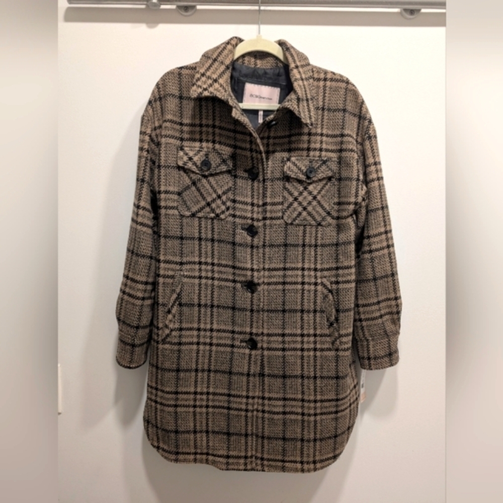BCBGeneration Black and Brown Wool Blend Plaid Longline Shacket Size Medium